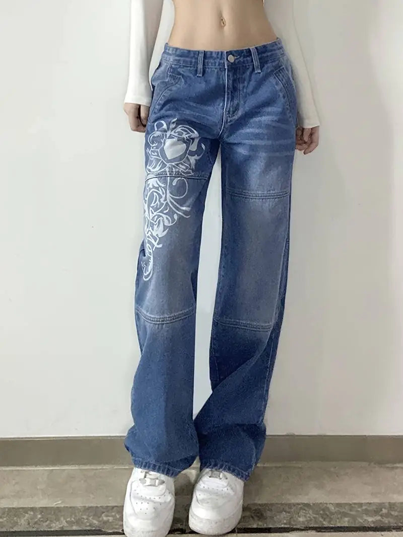 Floral Print High Waist Baggy Fit Jeans