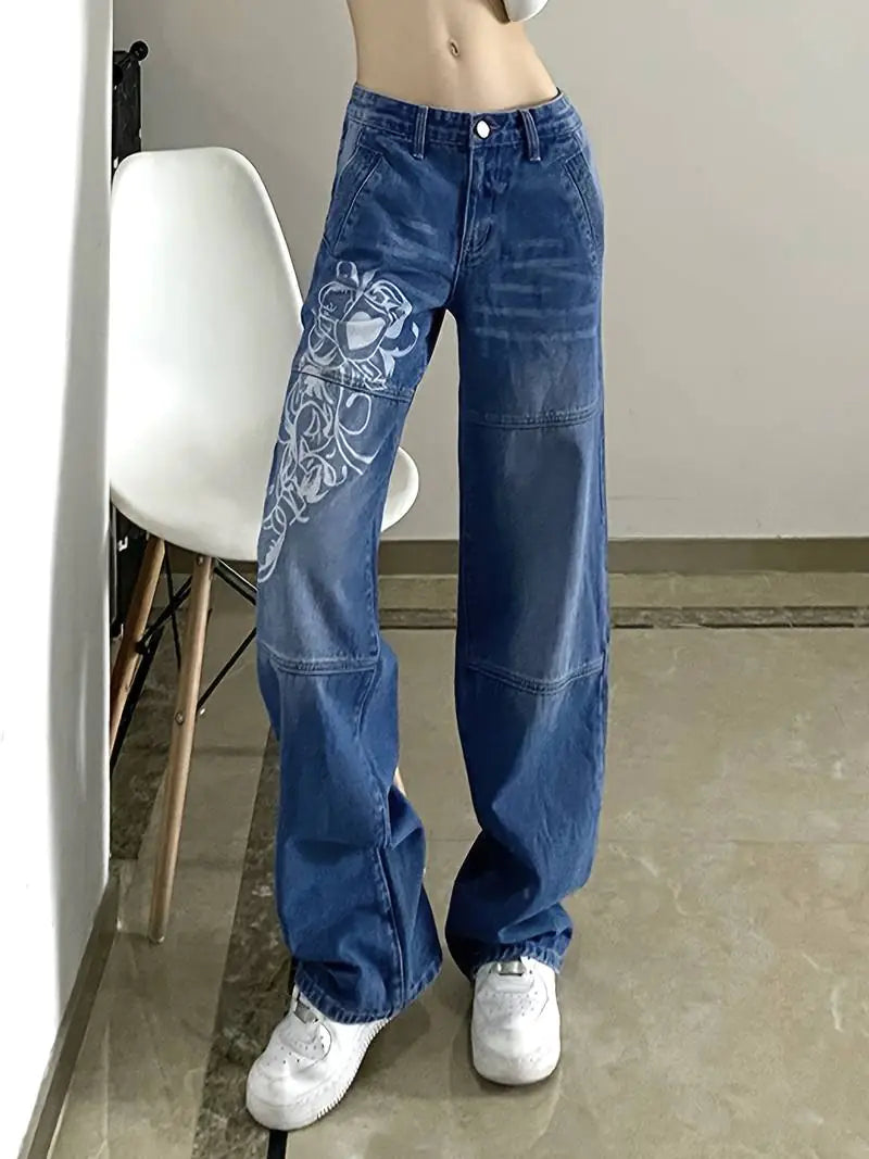 Floral Print High Waist Baggy Fit Jeans