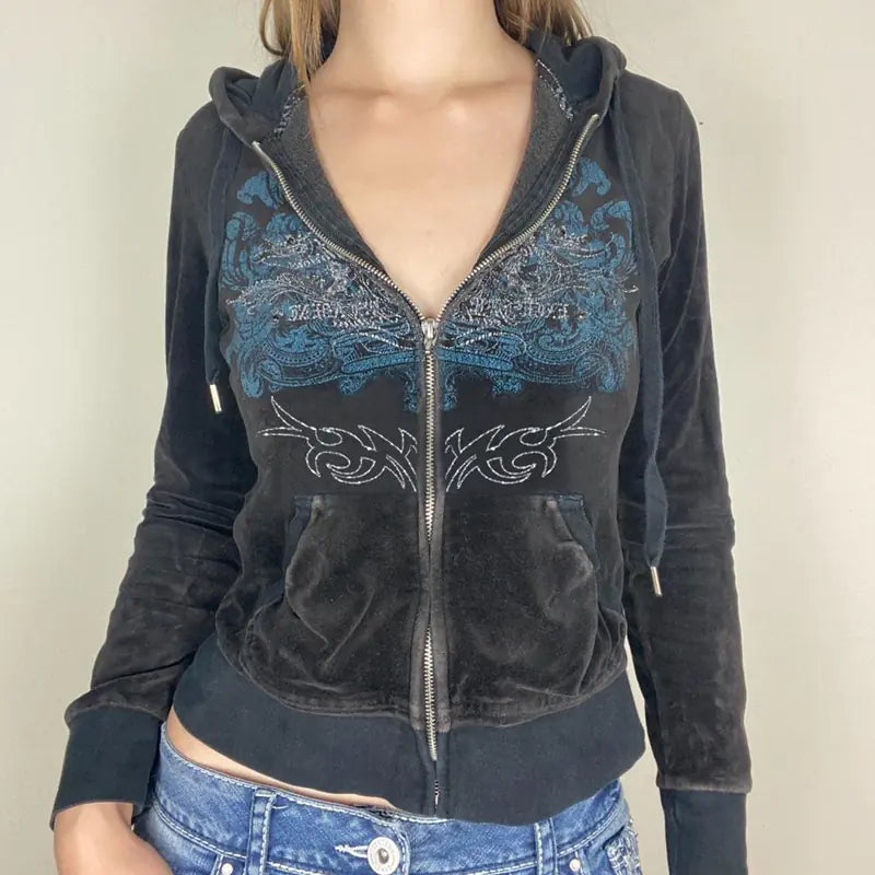 Vintage Slim Embroidery Zip-Up Hoodie