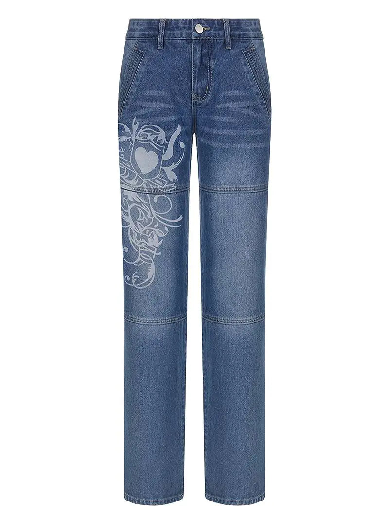 Floral Print High Waist Baggy Fit Jeans