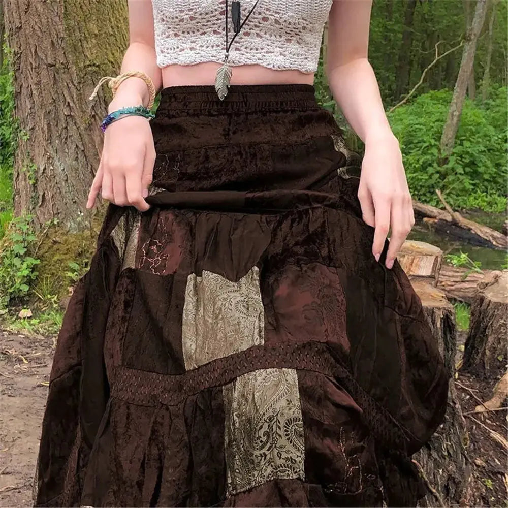 Brown Pleated Bohemian Grunge Long Skirt