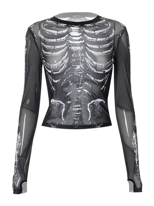 Skeleton Print Mesh Long Sleeve Crop Top