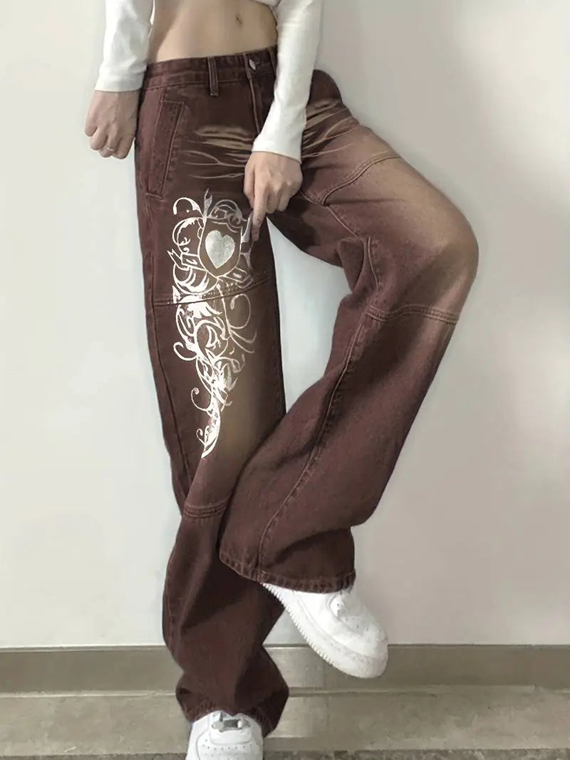 Floral Print High Waist Baggy Fit Jeans