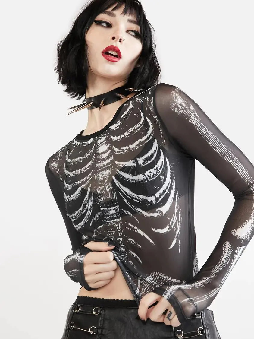 Skeleton Print Mesh Long Sleeve Crop Top