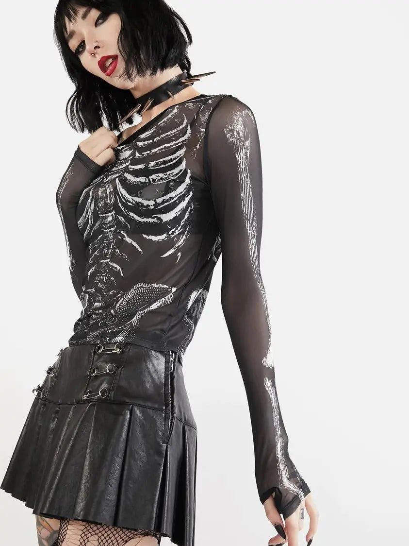 Skeleton Print Mesh Long Sleeve Crop Top