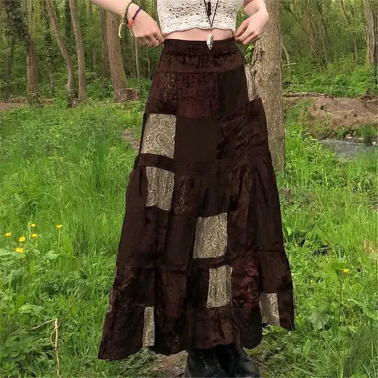Brown Pleated Bohemian Grunge Long Skirt