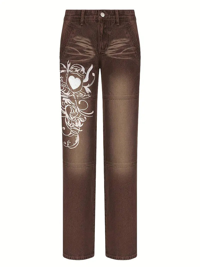 Floral Print High Waist Baggy Fit Jeans