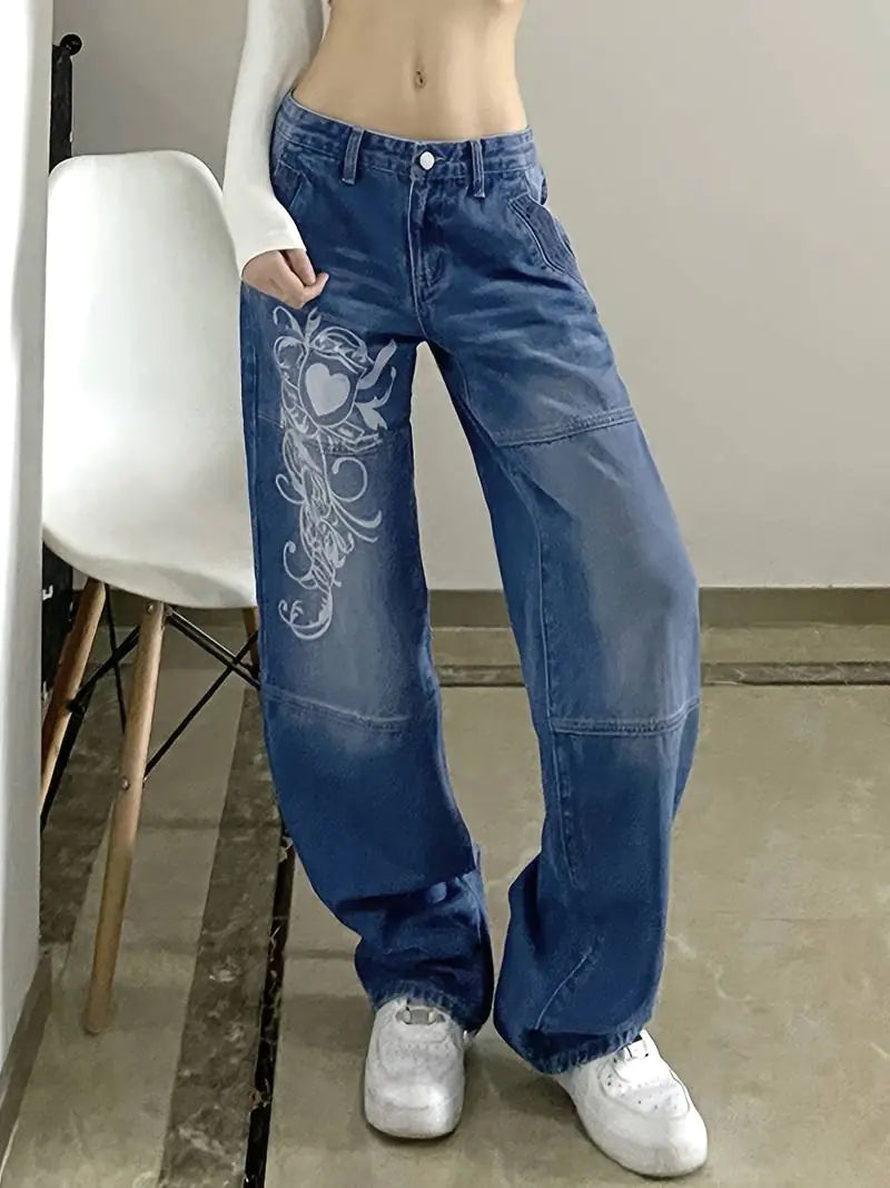 Floral Print High Waist Baggy Fit Jeans