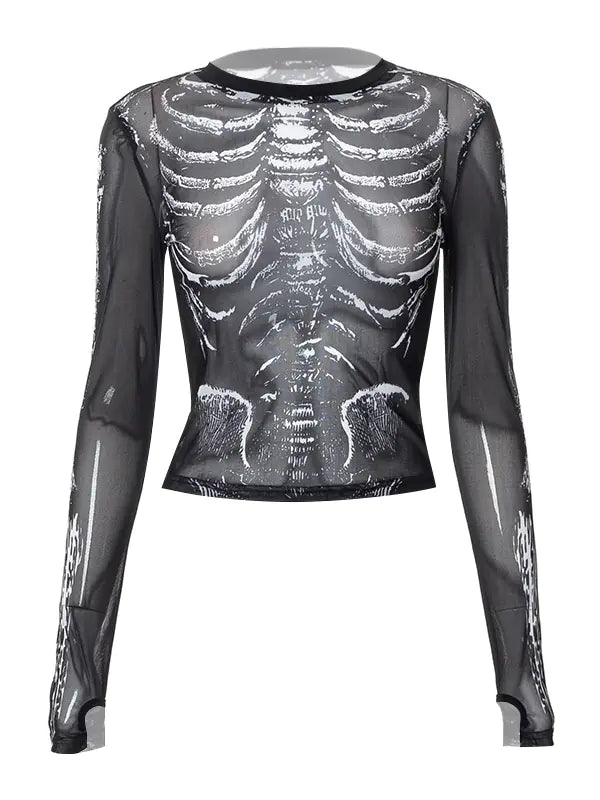 Skeleton Print Mesh Long Sleeve Crop Top