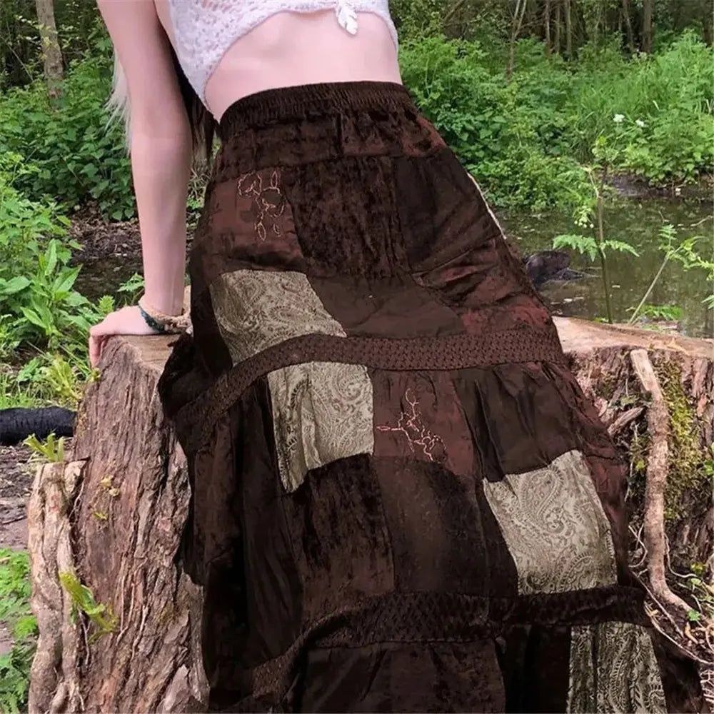 Brown Pleated Bohemian Grunge Long Skirt