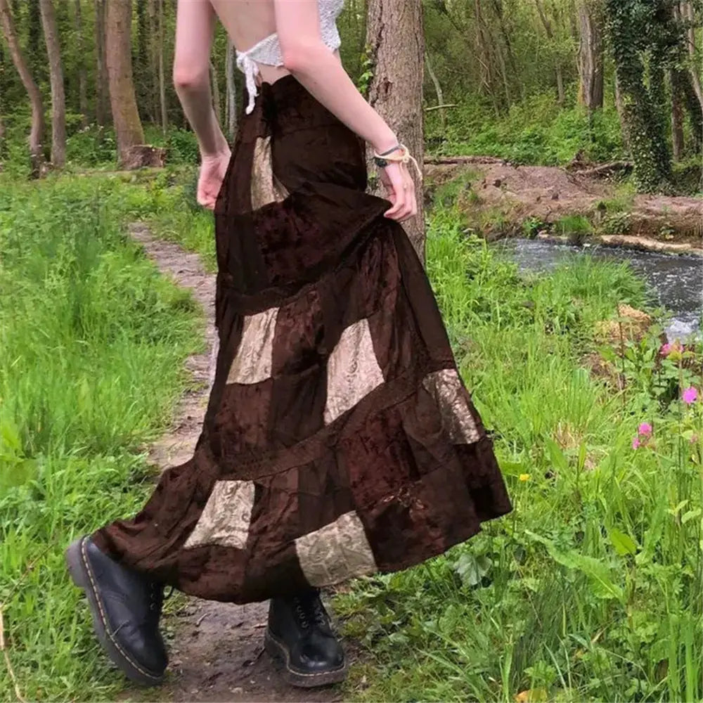 Brown Pleated Bohemian Grunge Long Skirt