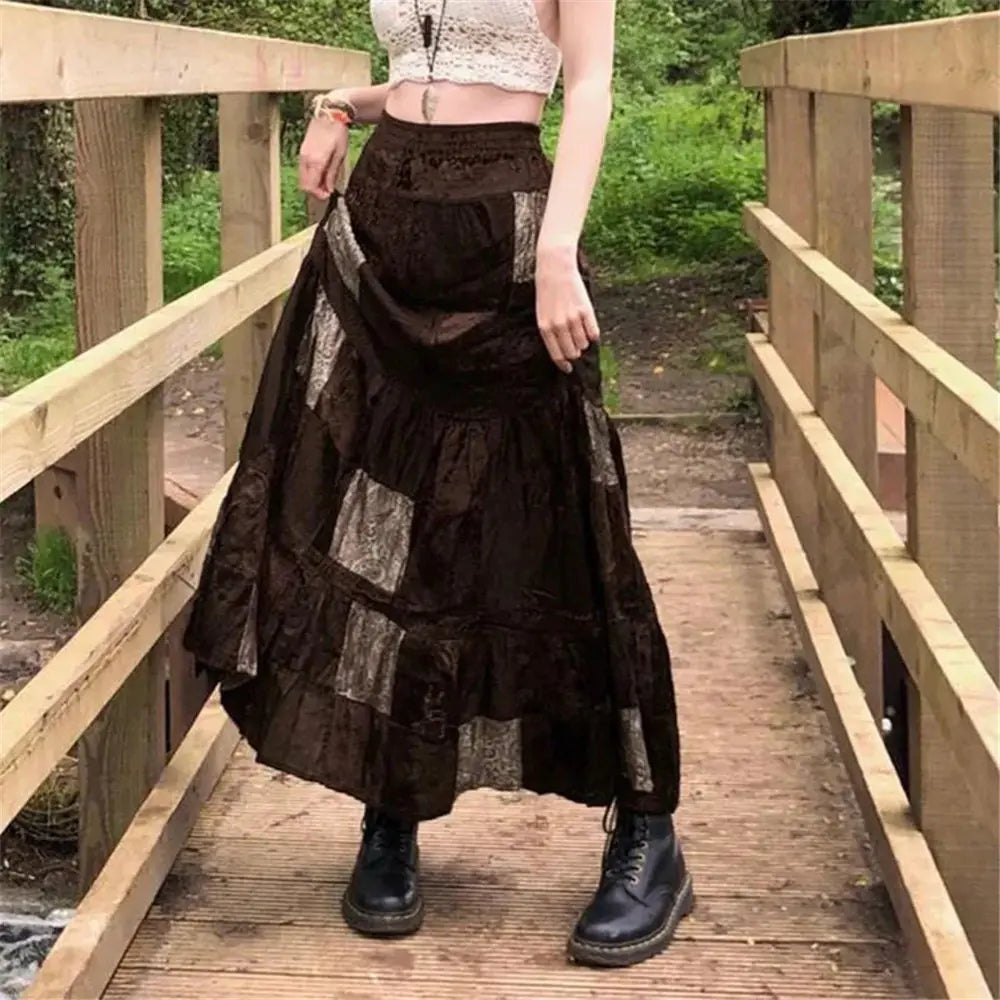 Brown Pleated Bohemian Grunge Long Skirt