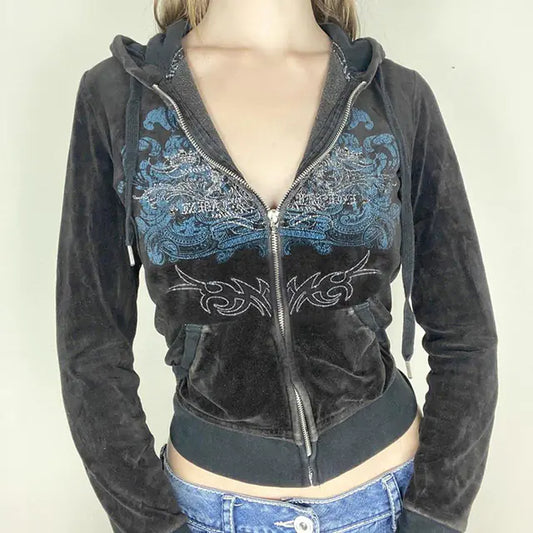 Vintage Slim Embroidery Zip-Up Hoodie