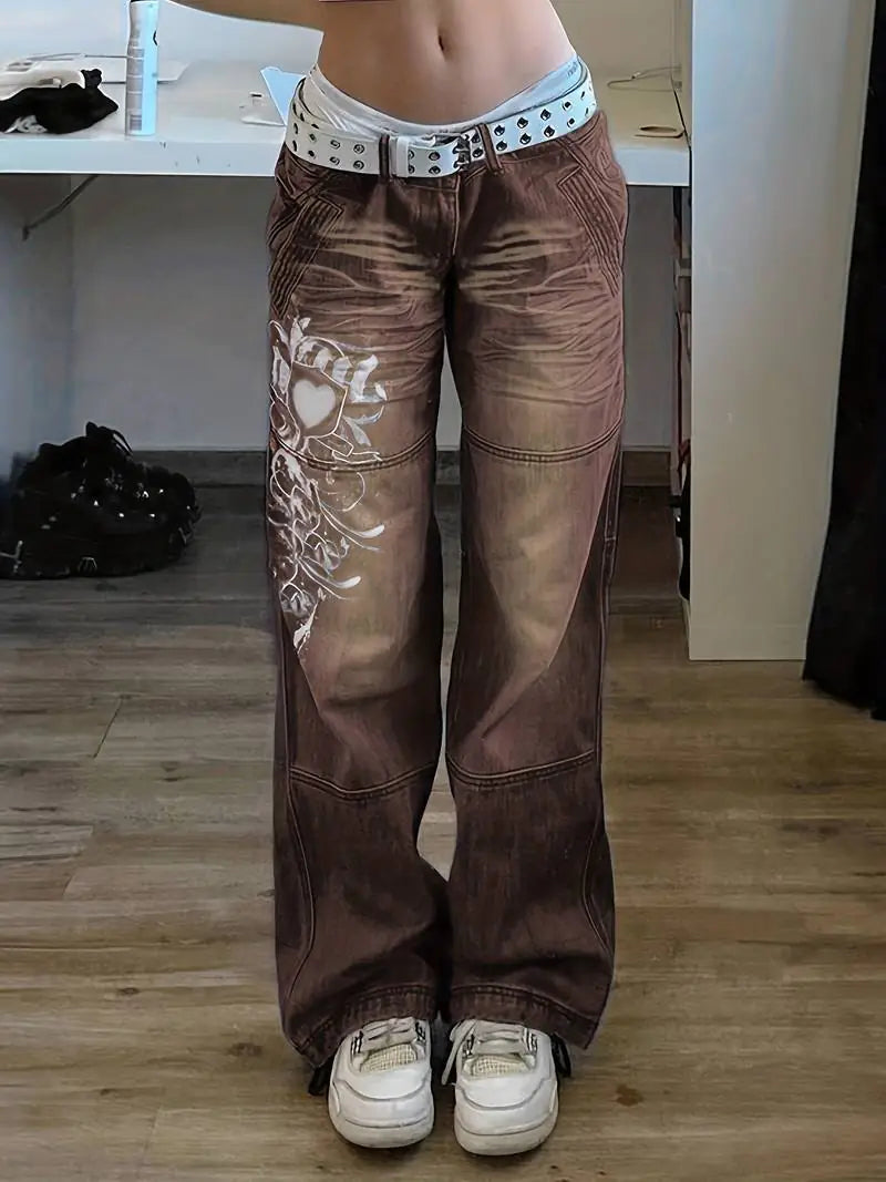 Floral Print High Waist Baggy Fit Jeans