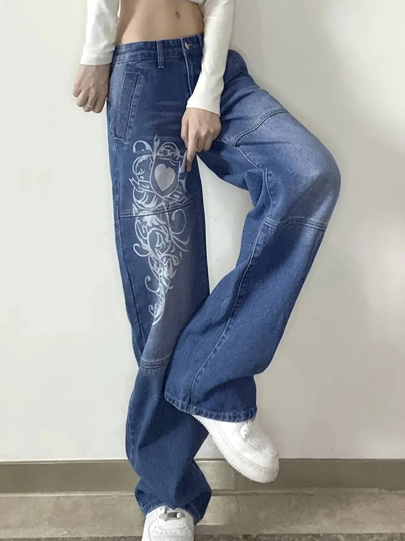 Floral Print High Waist Baggy Fit Jeans